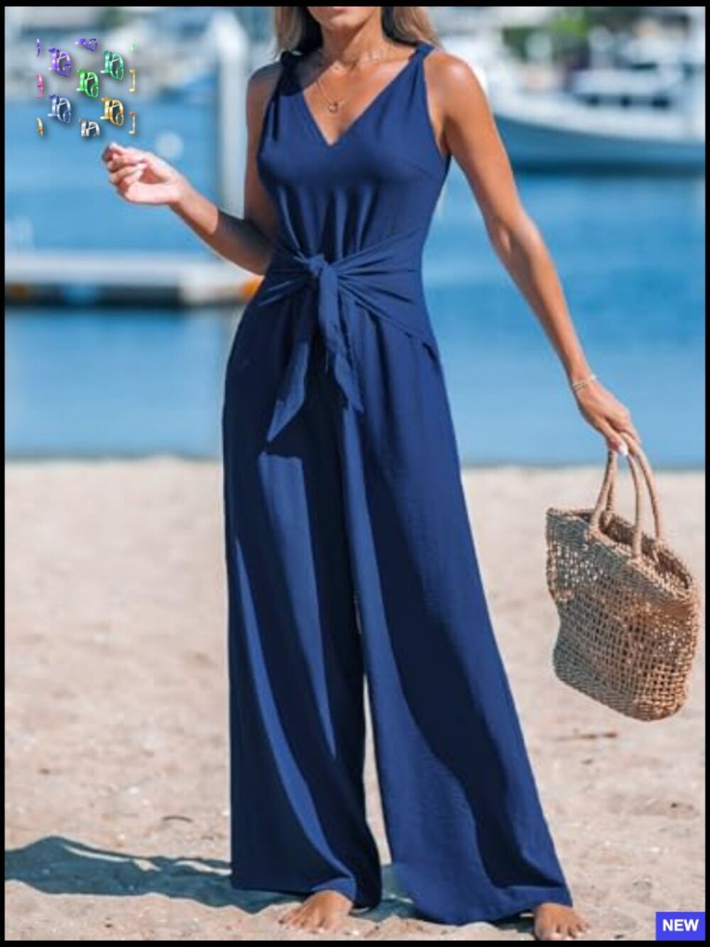 Sleeveless V-Neck Jumpsuit Wide Leg Pants Tie Knot Chic Summer Romper - Picture 5 of 7